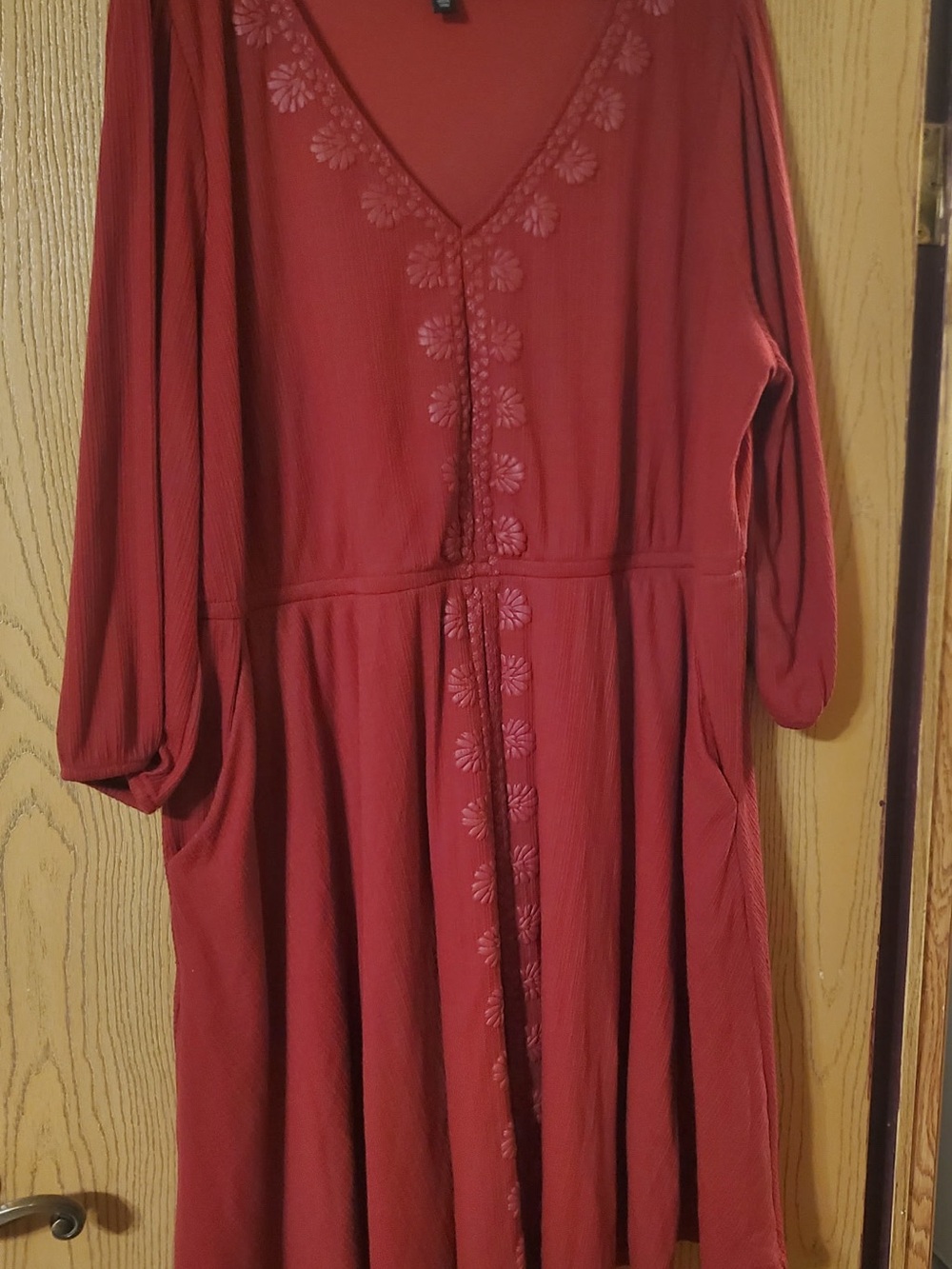 torrid Rust Red Long Sleeve V-Neck Embroidered Midi Dress